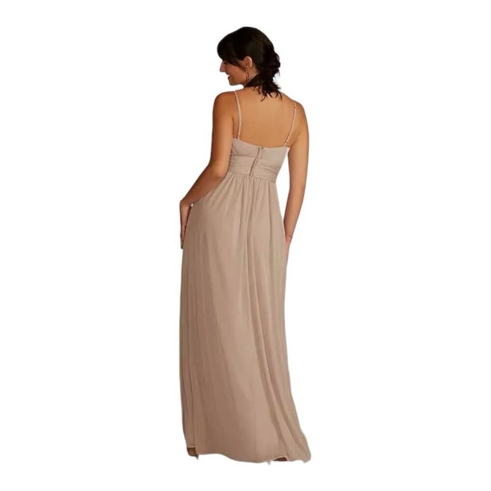 David's Bridal Spaghetti Strap Ruched Waist Mesh Dress Biscotti Size 2 Gown - Picture 2 of 16